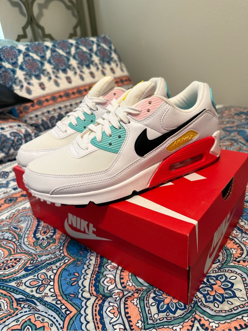 Women’s Nike Air Max 90 White Black Teal Pink Yellow Accent Air Max Sneakers